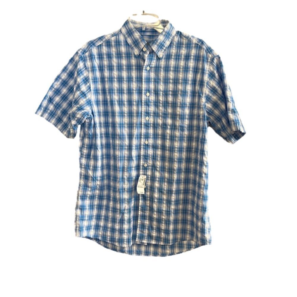 NWT Jos A. Bank Stays Cool Short Sleeve Plaid Button UP Seersucker Shirt. Size M